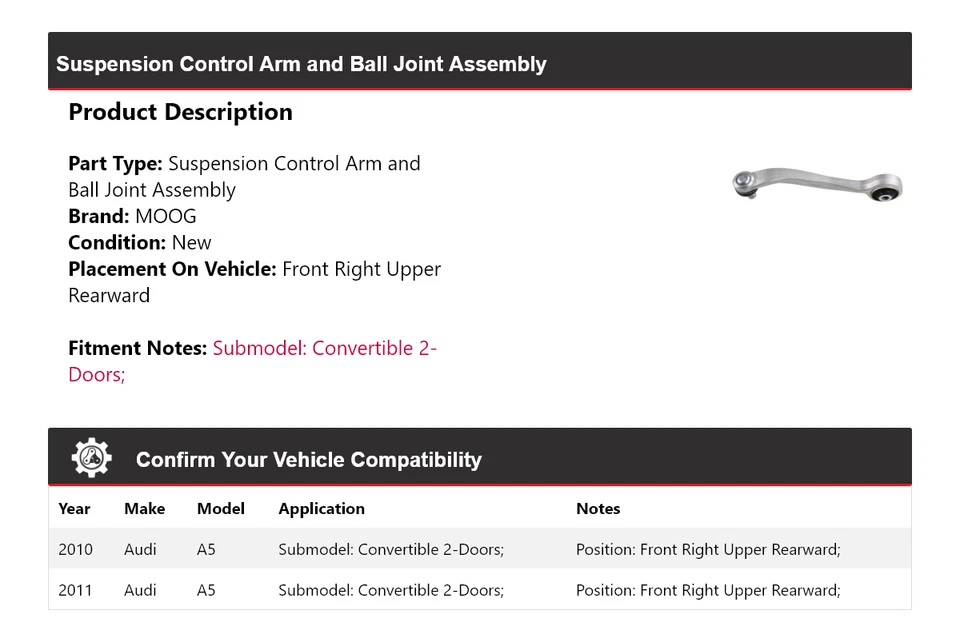 Conjunto de brazo de control de suspensión y rótula MOOG para Audi A5 2010-2011 Foto 2 de 4
