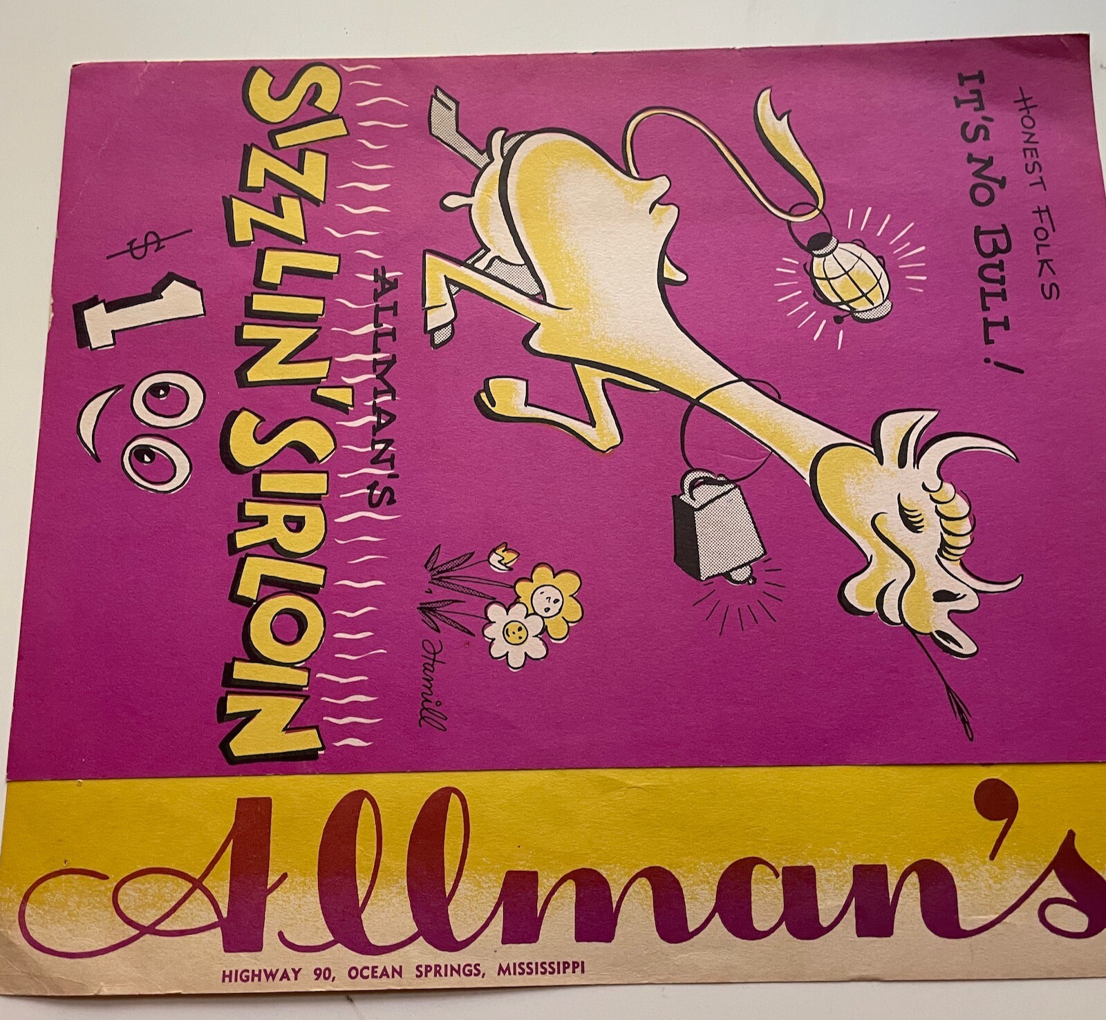VTG Allman's Sizzlin' Sirloin Restaurant Menu Art Steakhouse Seafood