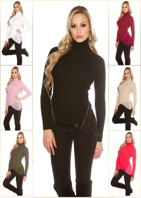 Trendy KouCla Rollkragenpulli mit Strass & Chiffon Pulli Sweater Pullover Strick