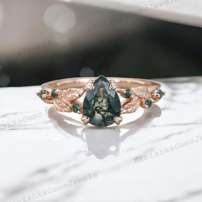 925 Sterling Silver 7x5mm pear Cut Natural Moss Agate Twig Ring Nature Inspired