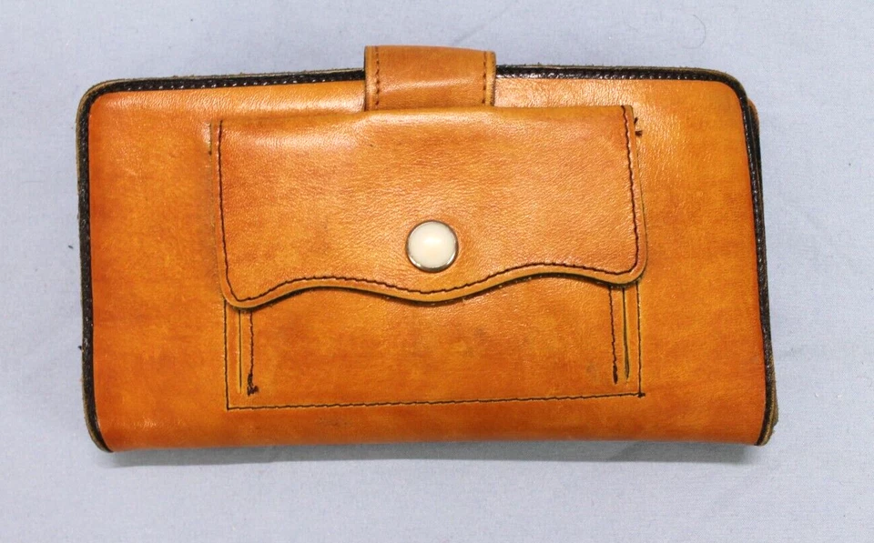 Vintage TAN LEATHER Western Stitch PULL-OUT CHECKBOOK WALLET Ladies FOLK ART - Image 2 of 4