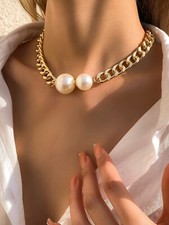 Women jewelry faux pearl decor chain necklace, US Seller
