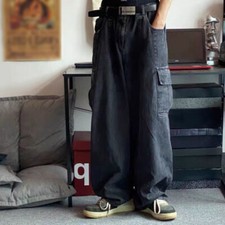 Men Baggy Jeans Hip Hop Denim Pants Cargo Pockets Loose Wide Leg Big Pocket 2023