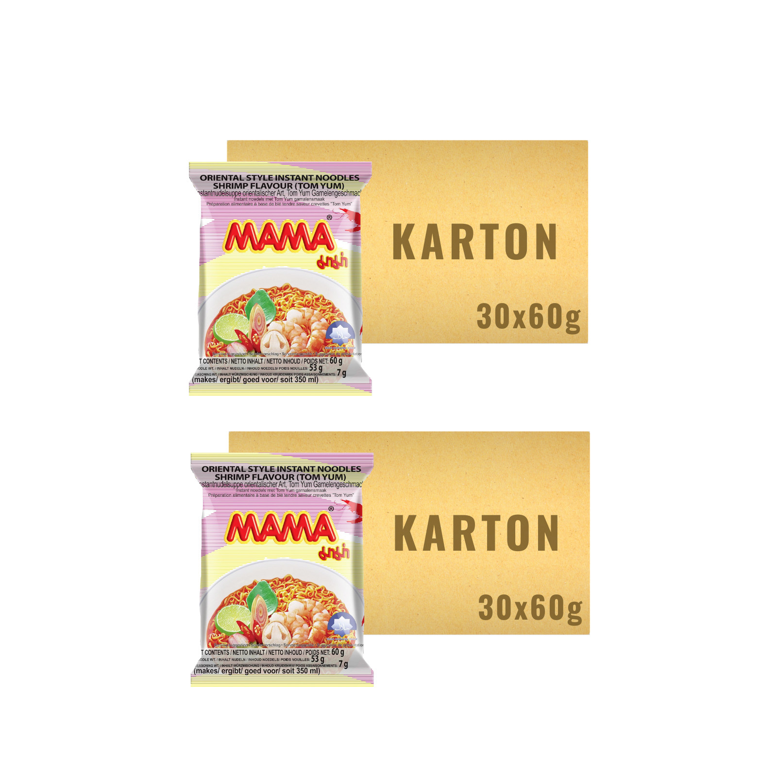 2 Kartons 60x60g MAMA Shrimp Instant Nudeln Nudelsuppe Ramen Tütensuppe Tom Yam
