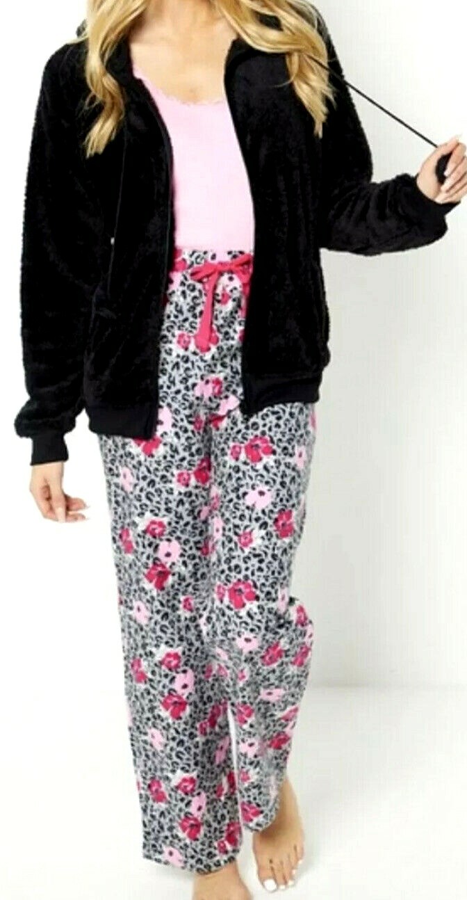New Womens Hooded 3 Piece Pyjama Set Leopard Print Grey/Pink Snuggle UK 16/18 image 2