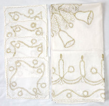 White Gold Embroidered Cream Tablecloth Candle Bell 36x38 4 Napkins Christmas