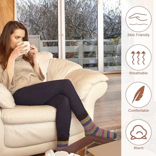 5 pares de calcetines de lana para mujer vintage suaves talla única beige azul naranja marrón verde - Imagen 4 de 6