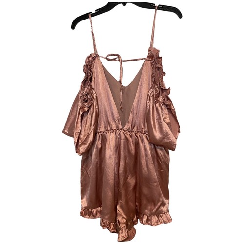 SAN JOY Open Shoulder Pink Satin Romper Size Large Tie Back Ruffle Hem - Picture 2 of 4