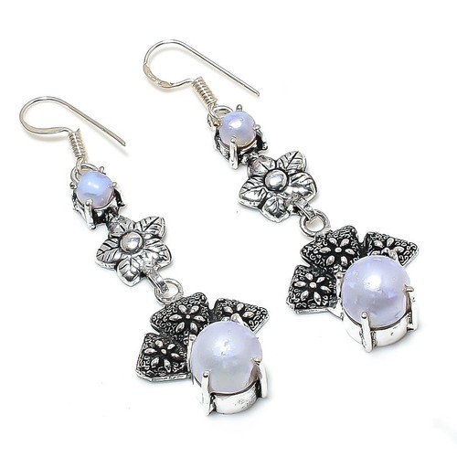 Orecchini con gocce di calcedonio di perle avvolte in filo metallico su fili per orecchini in argento sterling HE-514 - Italia