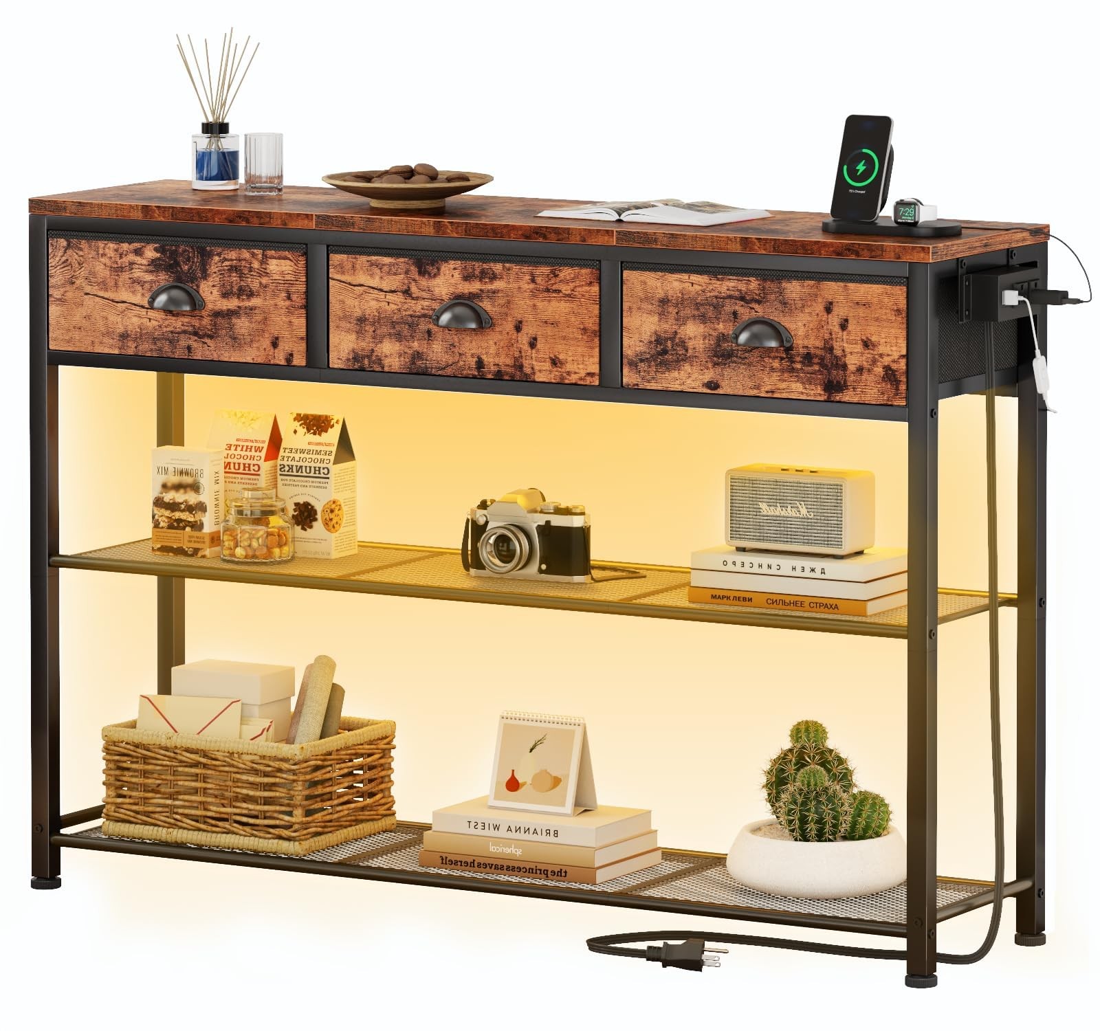 Console Table with Charging Station & 3 Fabric Drawers, 38'' Entryway Table w...