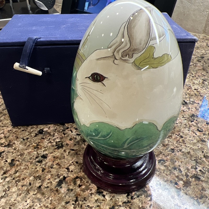 Vintage glass egg & stand 1992 Bill Yee painted White Rabbit Box W/Docs  Easter