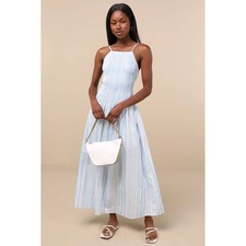 Lulus Jalessa Light Blue Multi Striped Drop Waist Cotton Midi Dress Size Large