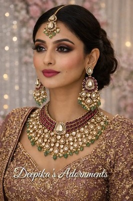 Noorjahan Royal Ruby Mint Moissanite Statement Necklace Set with Maang Teeka