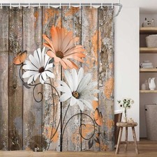 Farmhouse Flower Floral Shower Curtain, Rustic Orange Daisy Shower Curtain
