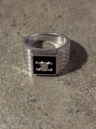 CELINE TRIOMPHE PYTHON SIGNET RING IN ONYX AND 925 WITH RHODIUM FINISH Size 9