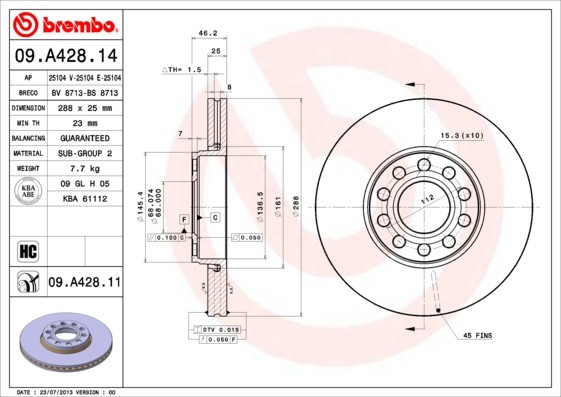 Disque de frein 09.A428.11 BREMBO pour VW et SKODA en fonte traitée
