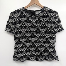 Vintage 90s Papell Boutique Beaded Silk Short Sleeve Top in Black Silver Size M