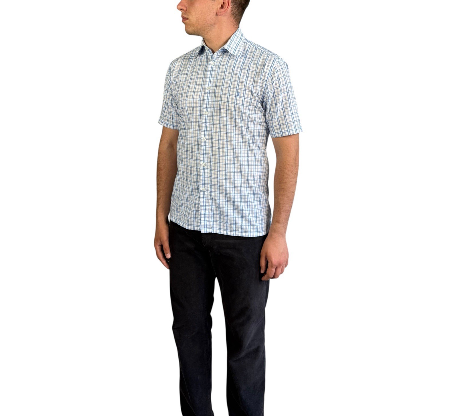 Camicia uomo vintage Yves Saint Laurent manica corta logo YSL a quadri blu taglia M