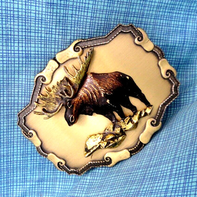 Bull Moose Belt Buckle Western Hunter Mountain Sportsman Vtg 70s Raintree.SHY909