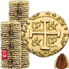 Large Metal Pirate Coins - 100 Gold Treasure Coin Set, Metal Replica Spanish Dou