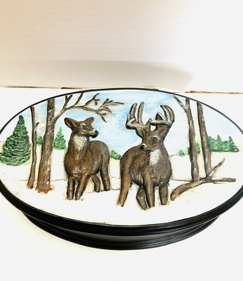 Hand Painted Ceramic Deer Stag Oval Trinket Jewelry Box Read 3D Top