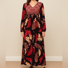 SHEIN Boho Floral Print Maxi Dress – Long Sleeve V-Neck Size M abaya