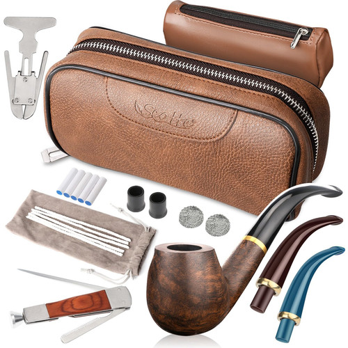 Handmade Pipe Set, Leather Pipe Pouch, Wood Pipe and Accessories (Scraper/Sta...