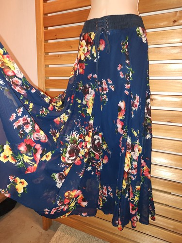 Blue Art Floral Beauty Chiffon Wide Sweep Flare LAPIS Size Medium SKIRT Romance - Picture 10 of 14