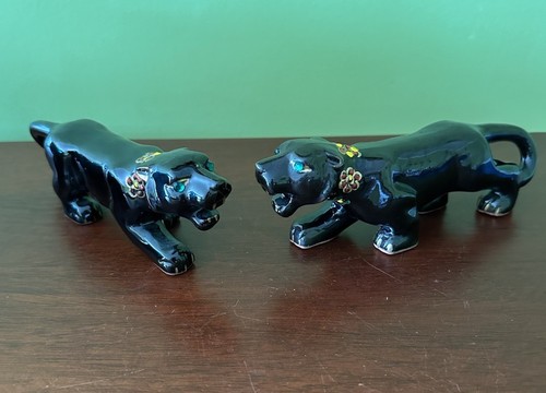 Vtg Stalking Black Panther Figurine Floral Collar Green Eyes Red Ware Set Of 2