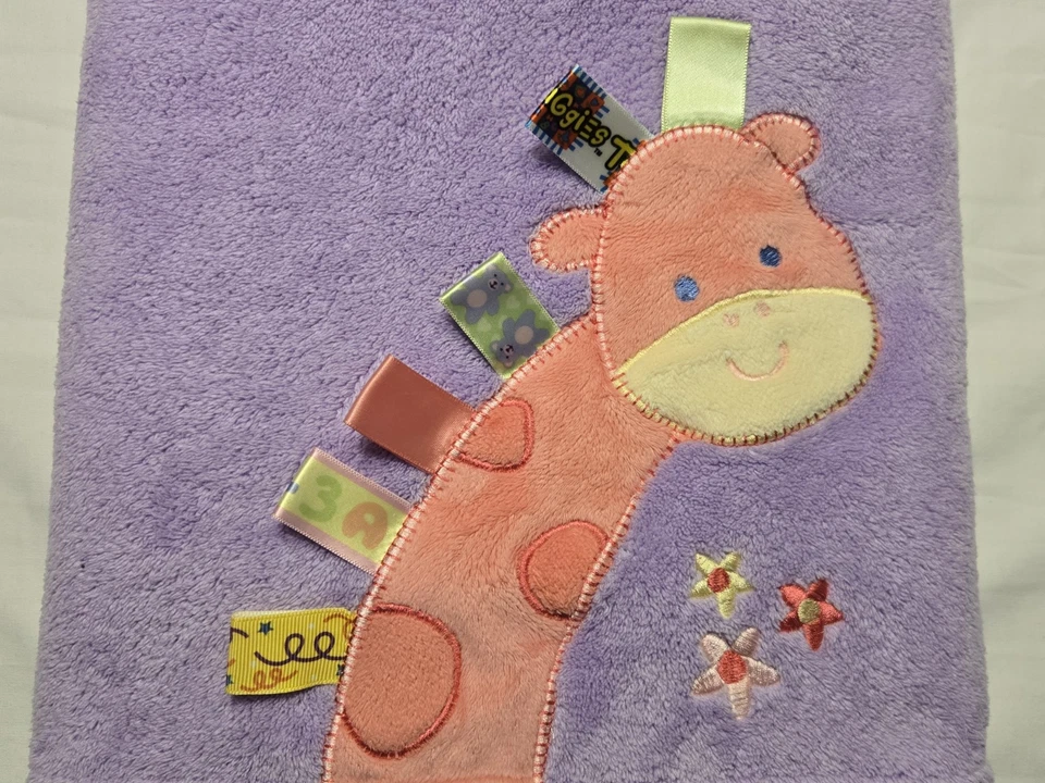 Rare TAGGIES Purple Pink Giraffe Baby Blanket Satin Ribbon Tags 30x40 Minky EUC! - Image 3 of 4