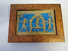 Dhokra brass wire art panel in copper coloured frame & blue background for wall