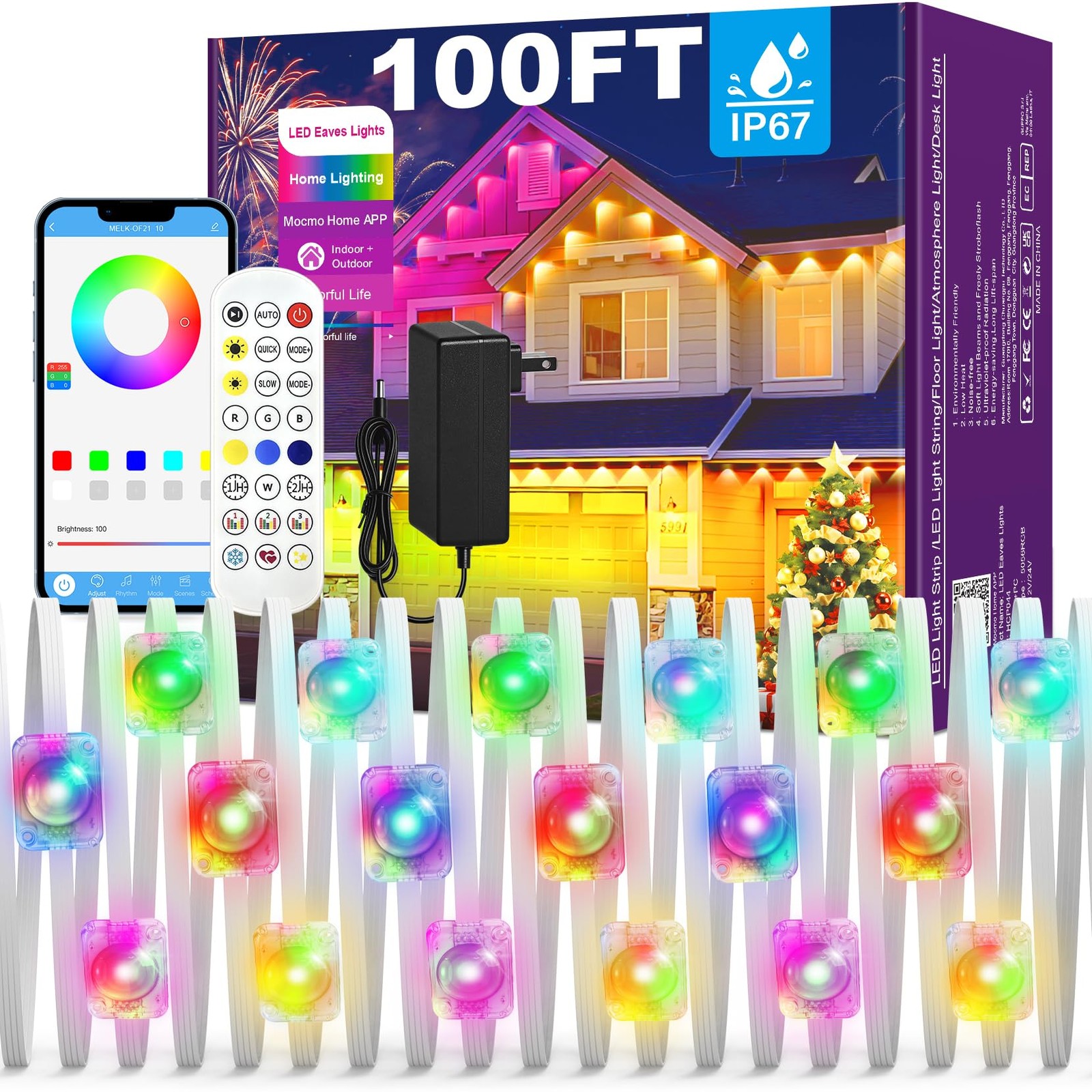 100ft RGB+IC Permanent Outdoor Lights with App & Remote Control for Eaves