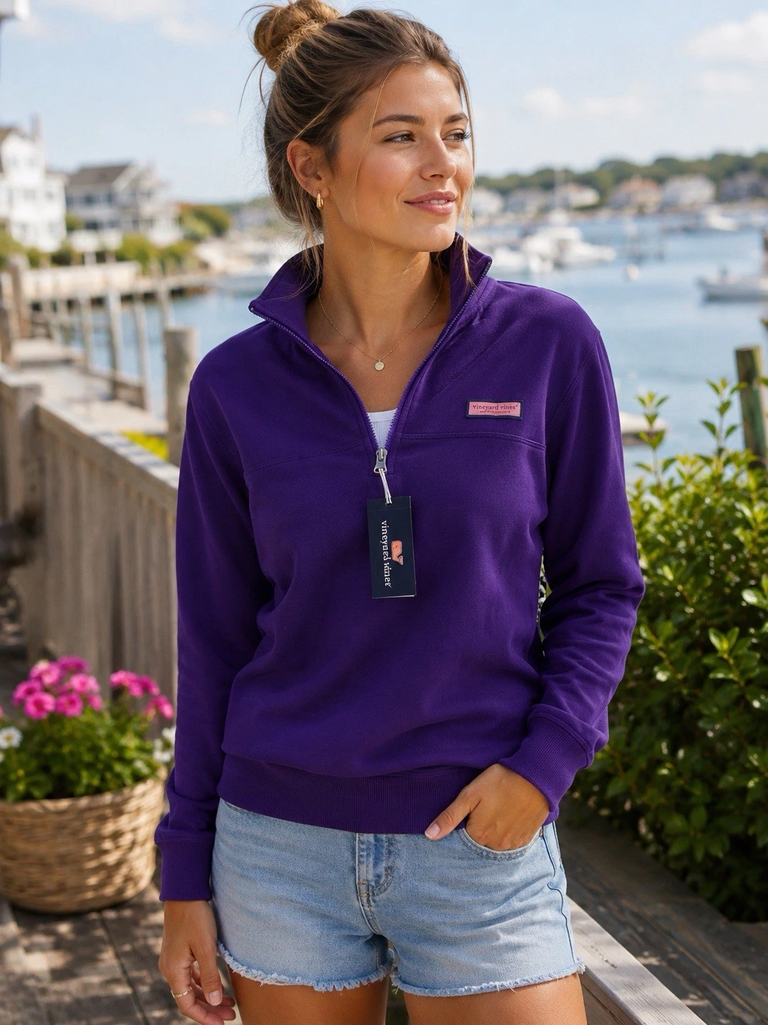 Vineyard Vines Womens M Purple Shep Shirt Sweatshirt 1/4 Zip Pullover NWT