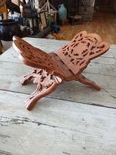 Vintage Hand Carved Teak Wood Folding Cookbook Holder Bible Book Display Stand