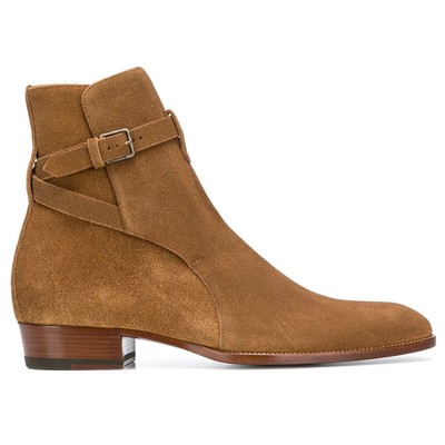 Buckle Mens Pointed Toe Chelsea Ankle Boots Shoes Real Leather Mid Heels British