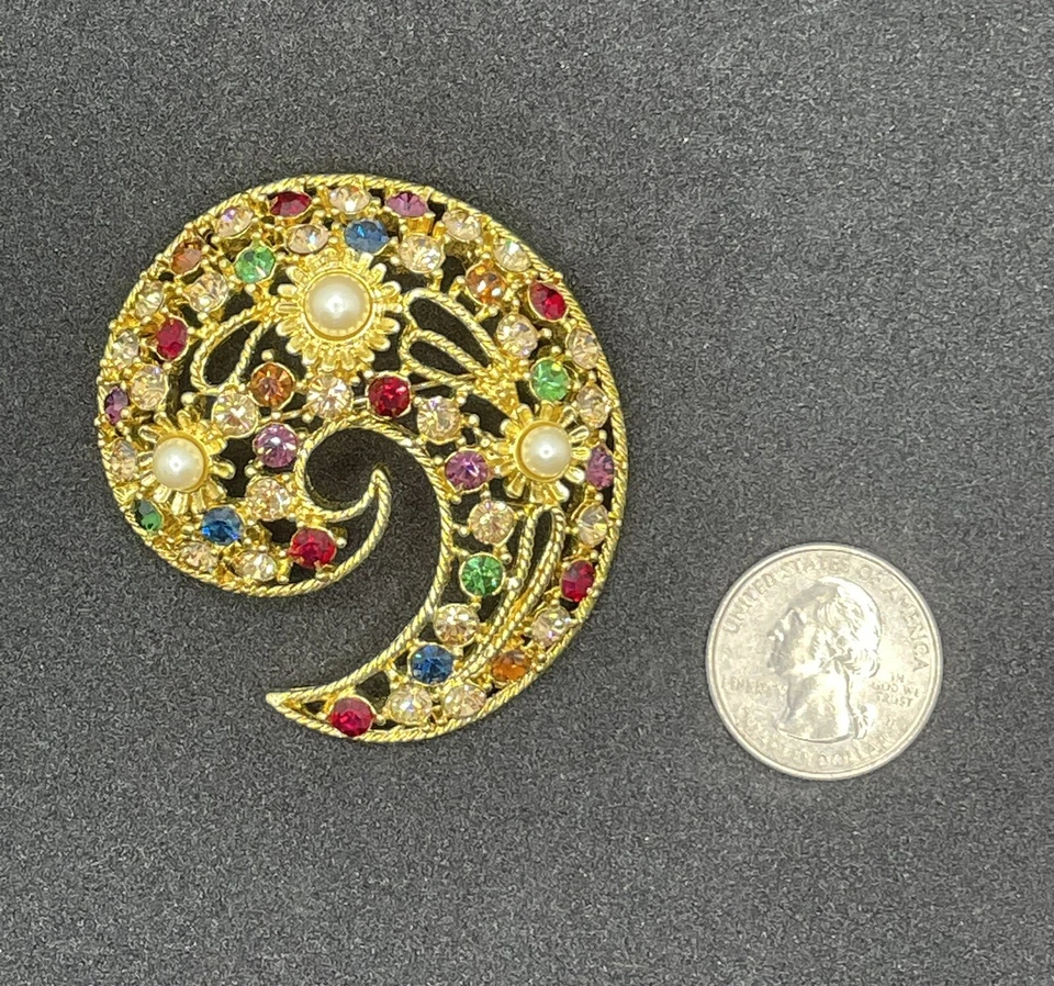 Broche prendedor vintage GRAZIANO tono dorado estrás/perla cachemira Foto 3 de 4