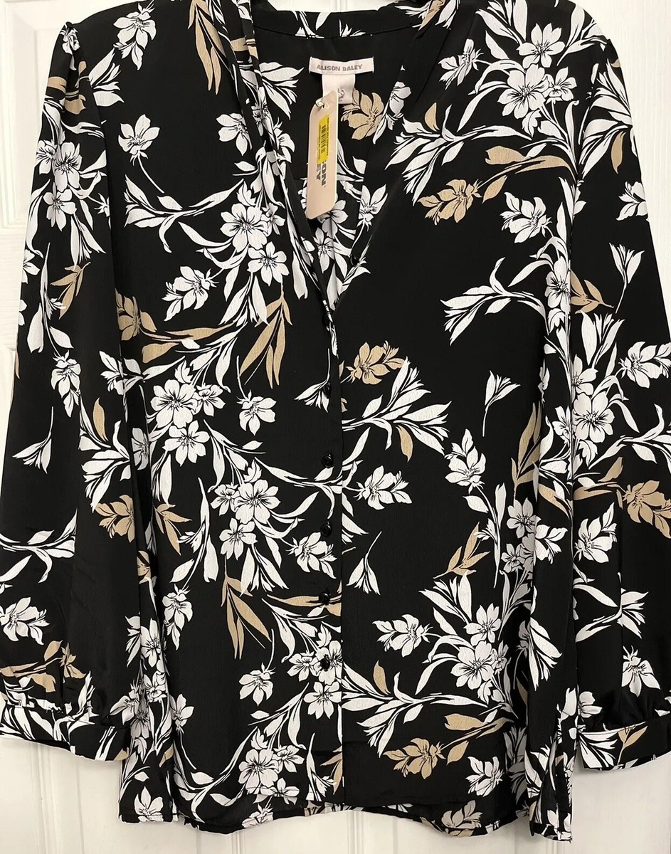 🌺 NWOT Allison Daley Black Floral Polyester Blouse Large