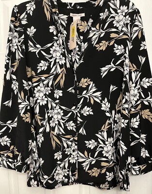 🌺 NWOT Allison Daley Black Floral Polyester Blouse Large