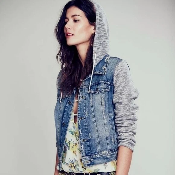 Denim jacket with knit sleeves and hood clearance