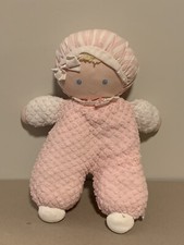 Eden Pink White Girl Doll Terry Waffle Blonde Yarn Hair Baby Plush 10" Bonnet