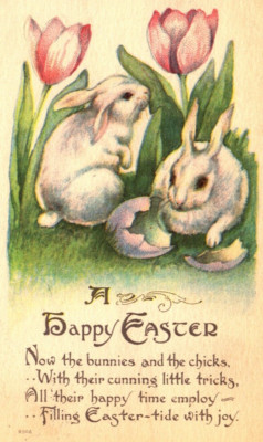 1913 EASTER BUNNIES, BROKEN EGG, CUNNING TRICKS, TULIPS, BERGMAN NY Postcard P18