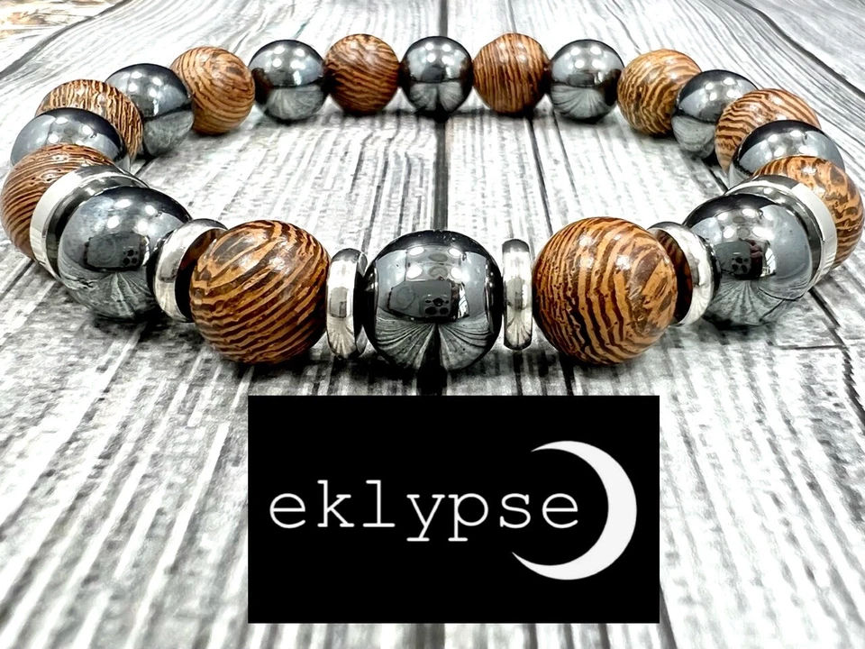 Brazalete de hombre con cuentas de piedras preciosas de sándalo + hematita de 10 mm de acero inoxidable de 8" L de cadera Foto 3 de 4