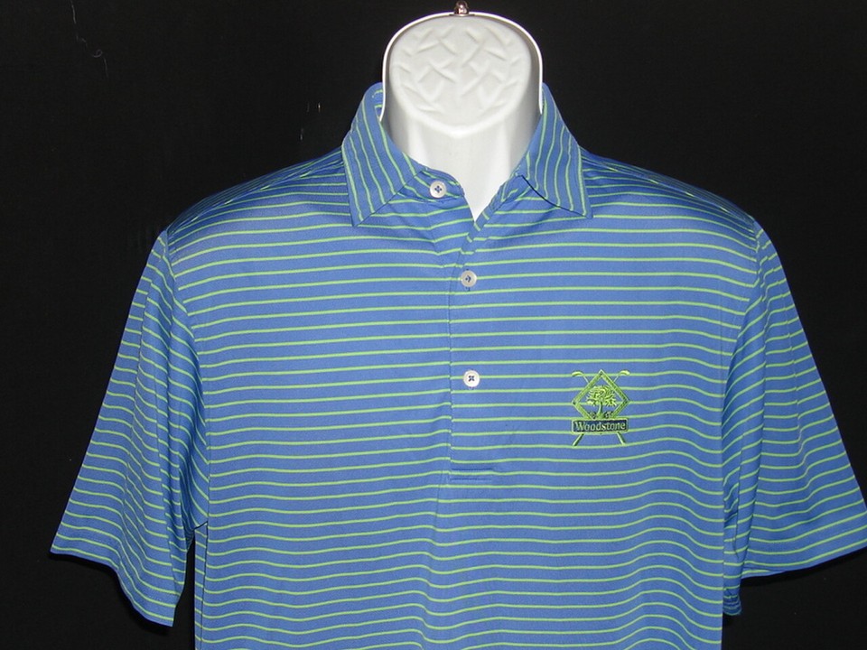 DONALD ROSS BLUE/GREEN STRIPED POLY S/S POLO SHIRT SZ. S "WOODSTONE" G