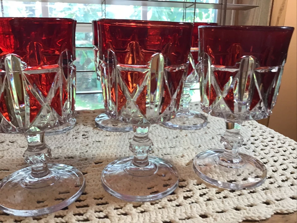 6 antique EAPG US Glass Triple Triangle ruby water beverage goblet glasses 1885 - Image 3 of 4