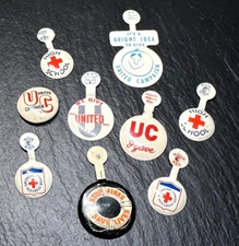 9 ASSORTED VINTAGE RED CROSS, UNITED WAY FOLD TABS & PIN E585