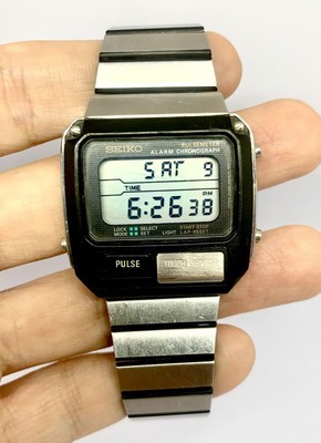 SEIKO ALARM CHRONO PULSE METER Vintage Silver Black Mens Watch