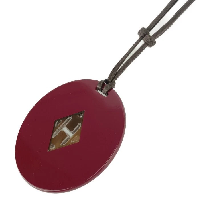 Collar HERMES Logo H Burdeos Marrón Cuerno de Búfalo Laca Unisex Colgante Foto 4 de 4