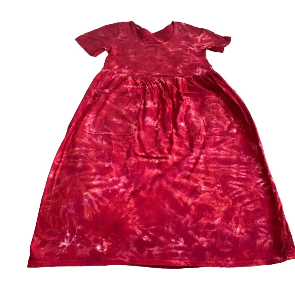 Cotton T-Shirt Dress With Pockets- Handmade Tie-dye- Shades Of Red-GUC- Medium