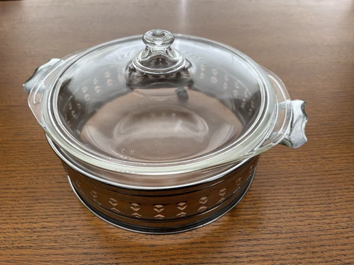 VTG Pyrex Casserole 024 Clear Glass 2 Qt Round Baking Bowl w/Lid 684 w/Trivet