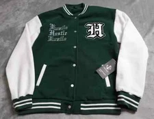 Urban Edge Hustle Logo Jacket Men's Medium Snap Button Green White Colorblock